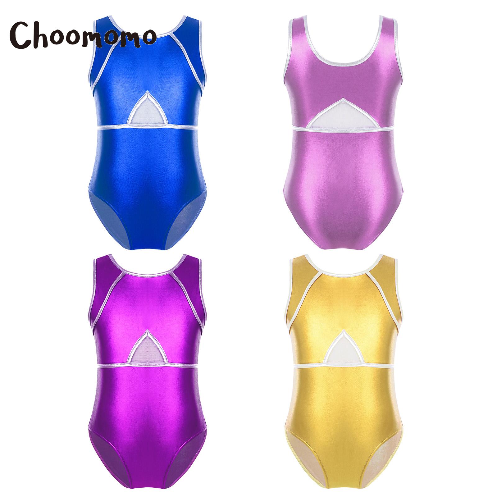 Choomomo Kids Girls Sleeveless Mesh Patchwork Shiny Solid Metallic Fabric Swimming Bodysuits or Gymnastic Yoga Dance Jumpsuits